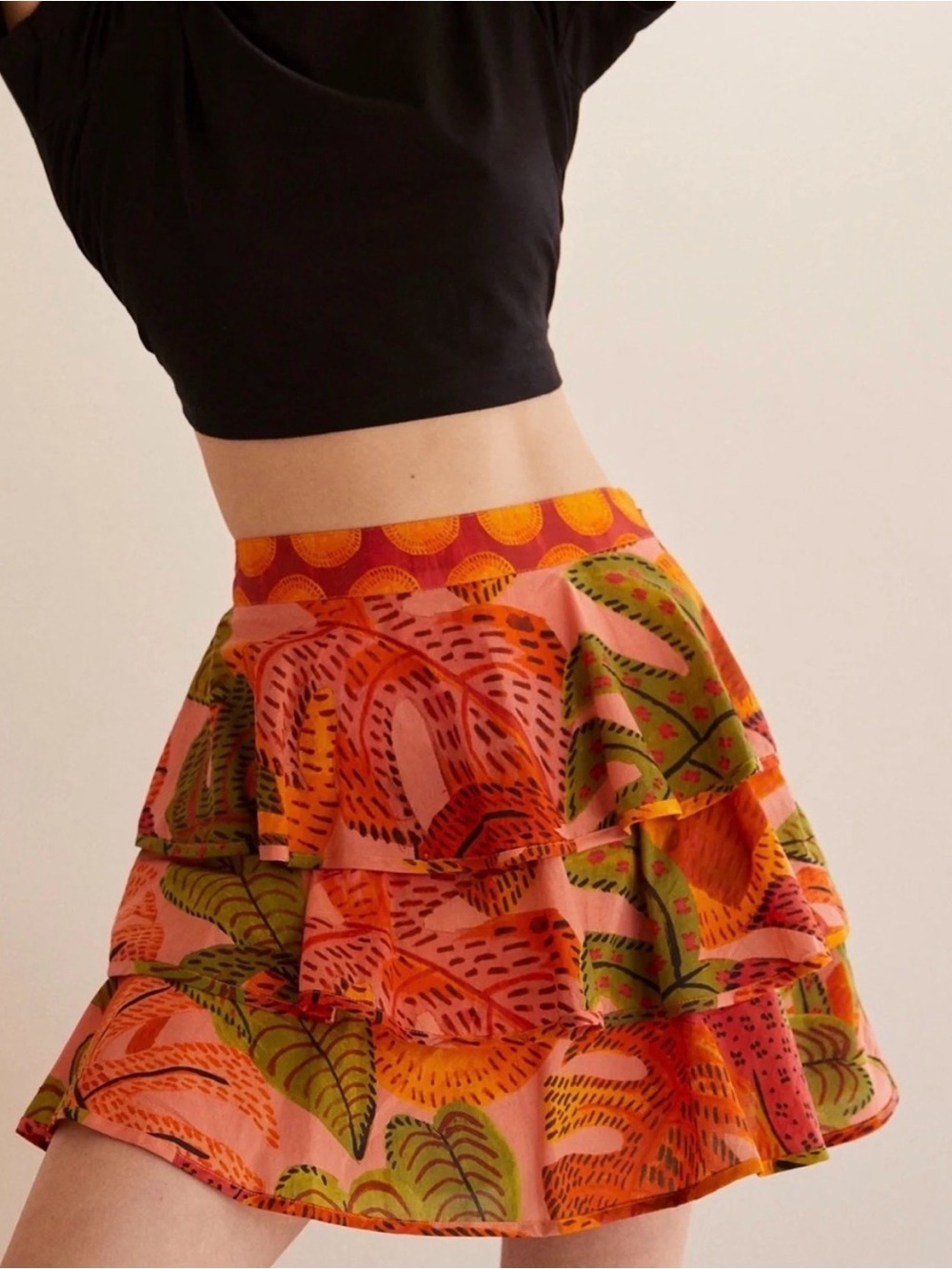 Farm Rio Summer Dream Pink Orange Tropical Ruffle Mini Skirt XS Resortwear Beach